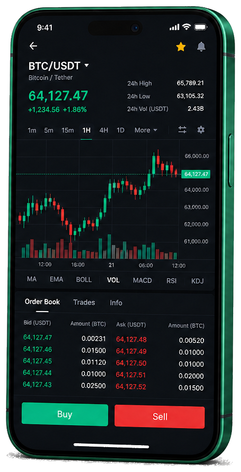 Élevé Vextera trading platform on mobile — live BTC/USDT chart, order book, and buy/sell interface